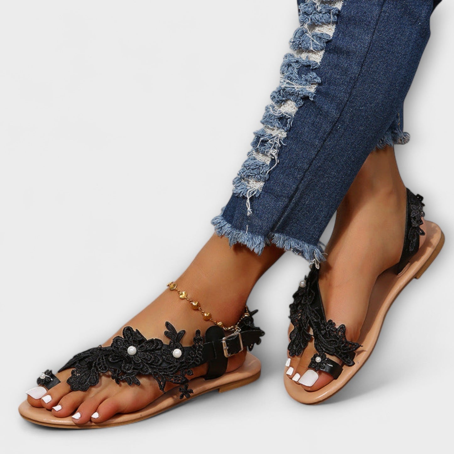Boho - Bequeme Sandals mit Blumen &amp; Knöchelriemen