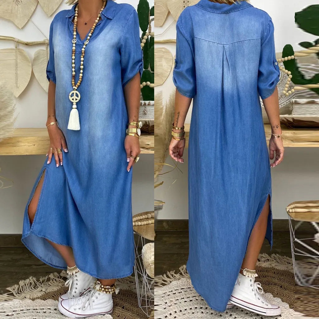 Norelia® | Lång klänning i denim-look med slitsar i sidan