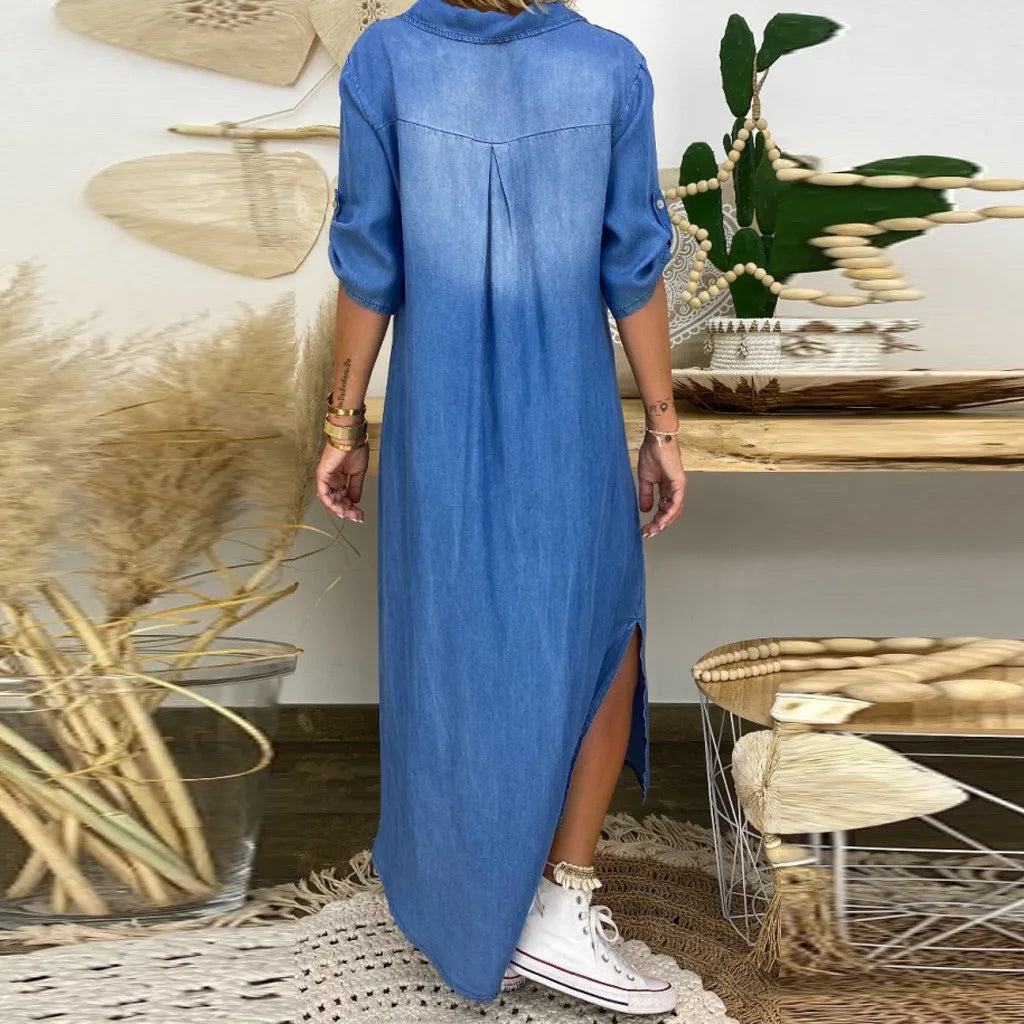 Norelia® | Lång klänning i denim-look med slitsar i sidan