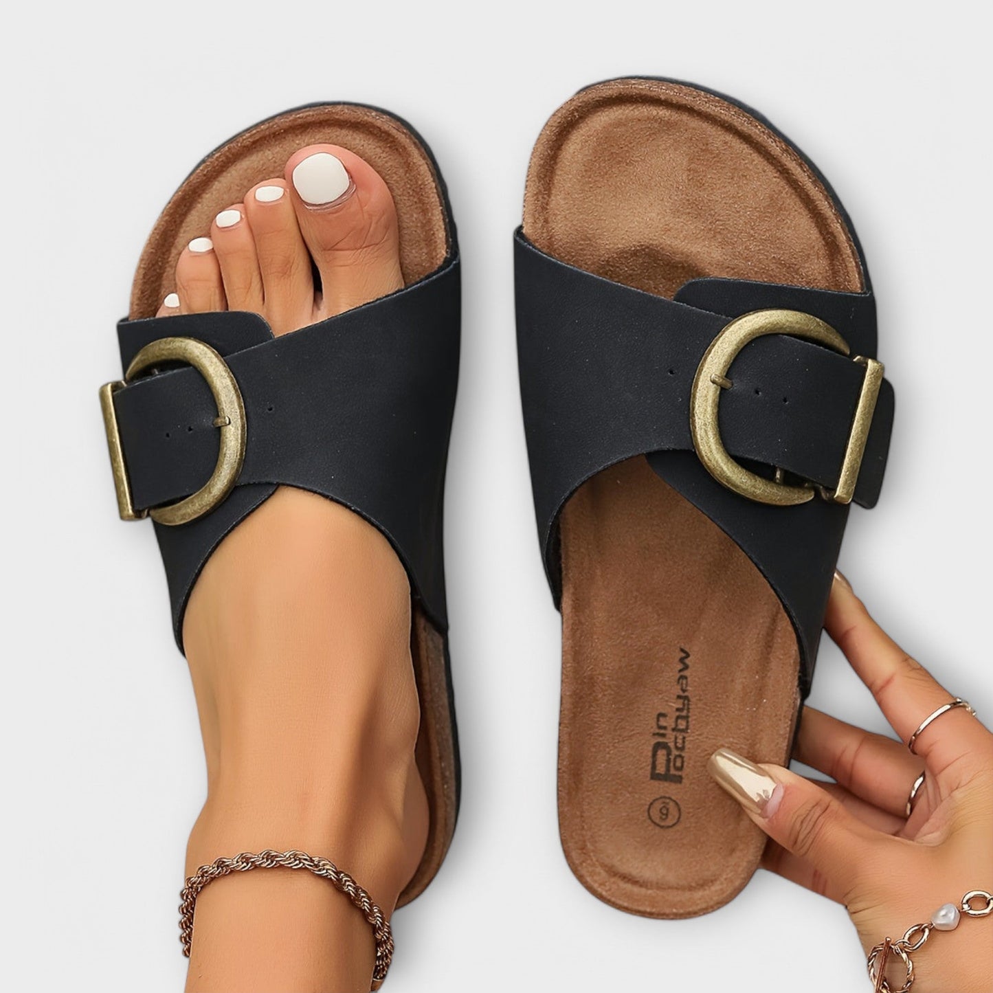 Nanni - Damen Kork Pantolettes mit Schnallenriemen Design 