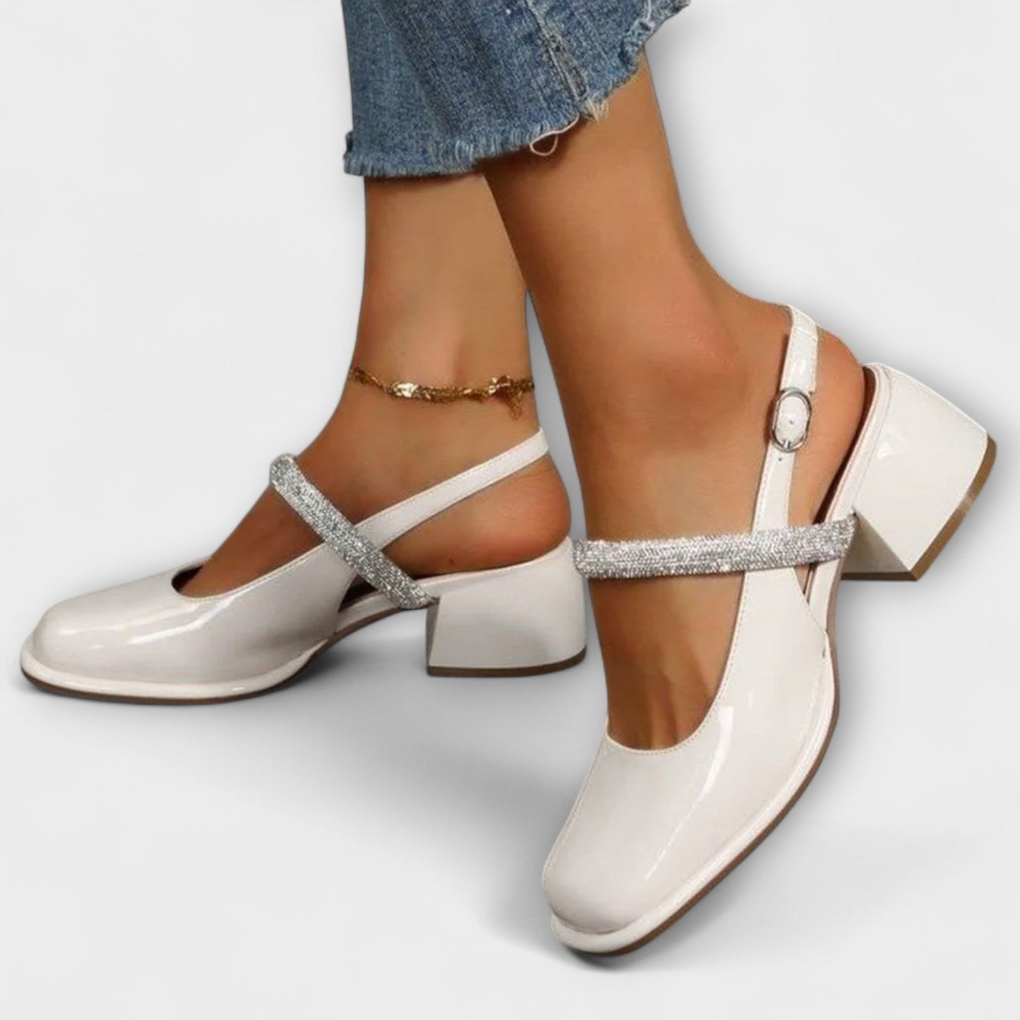 Efter - Mary Janes med Glitzer-Riemen och Blockabsatz 