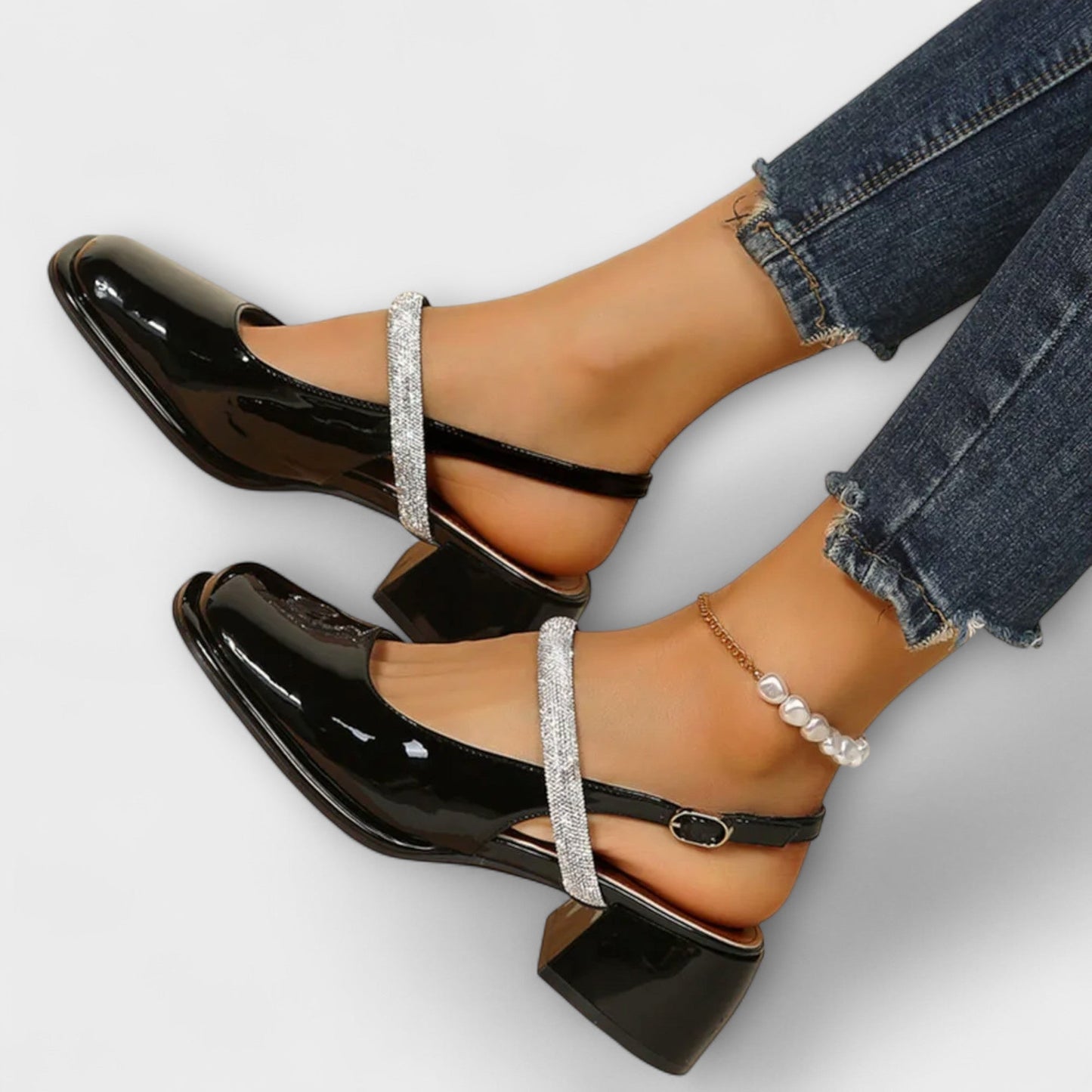 Efter - Mary Janes med Glitzer-Riemen och Blockabsatz 
