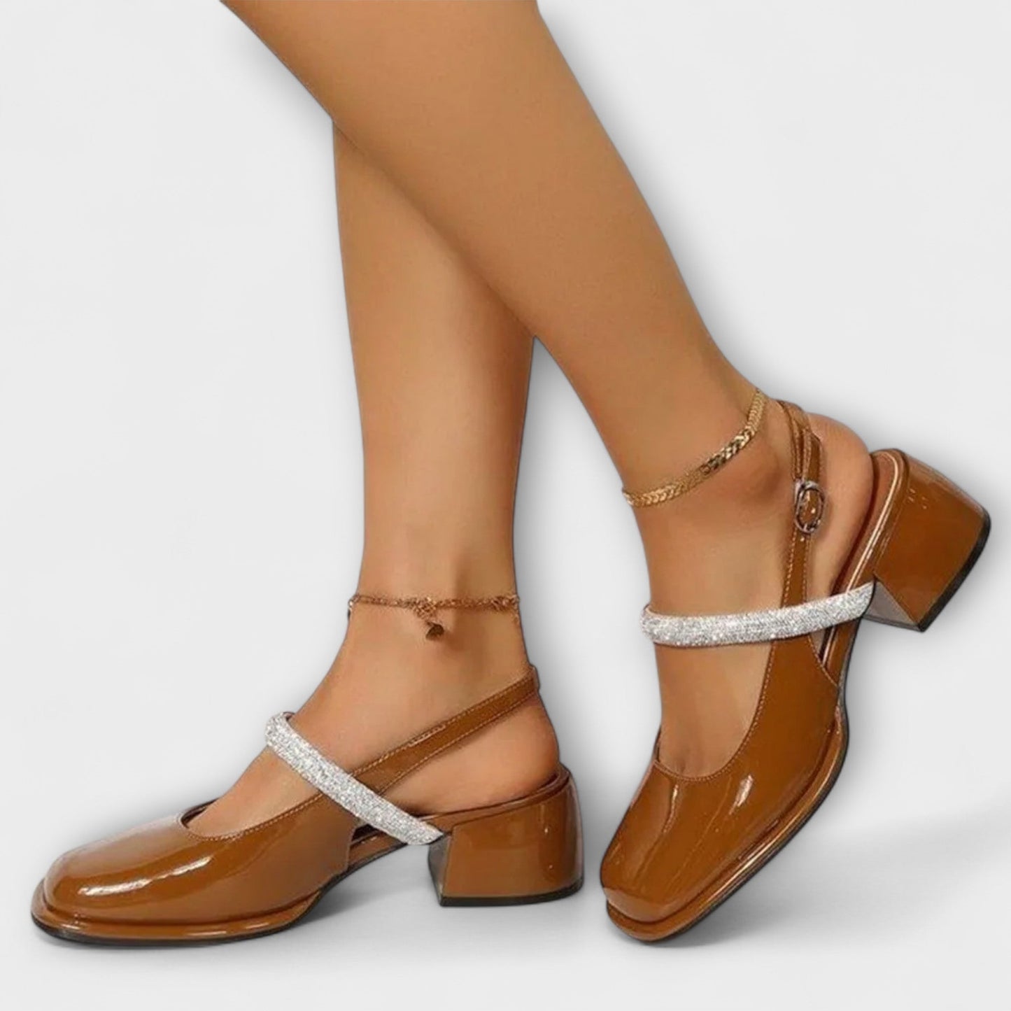 Efter - Mary Janes med Glitzer-Riemen och Blockabsatz 