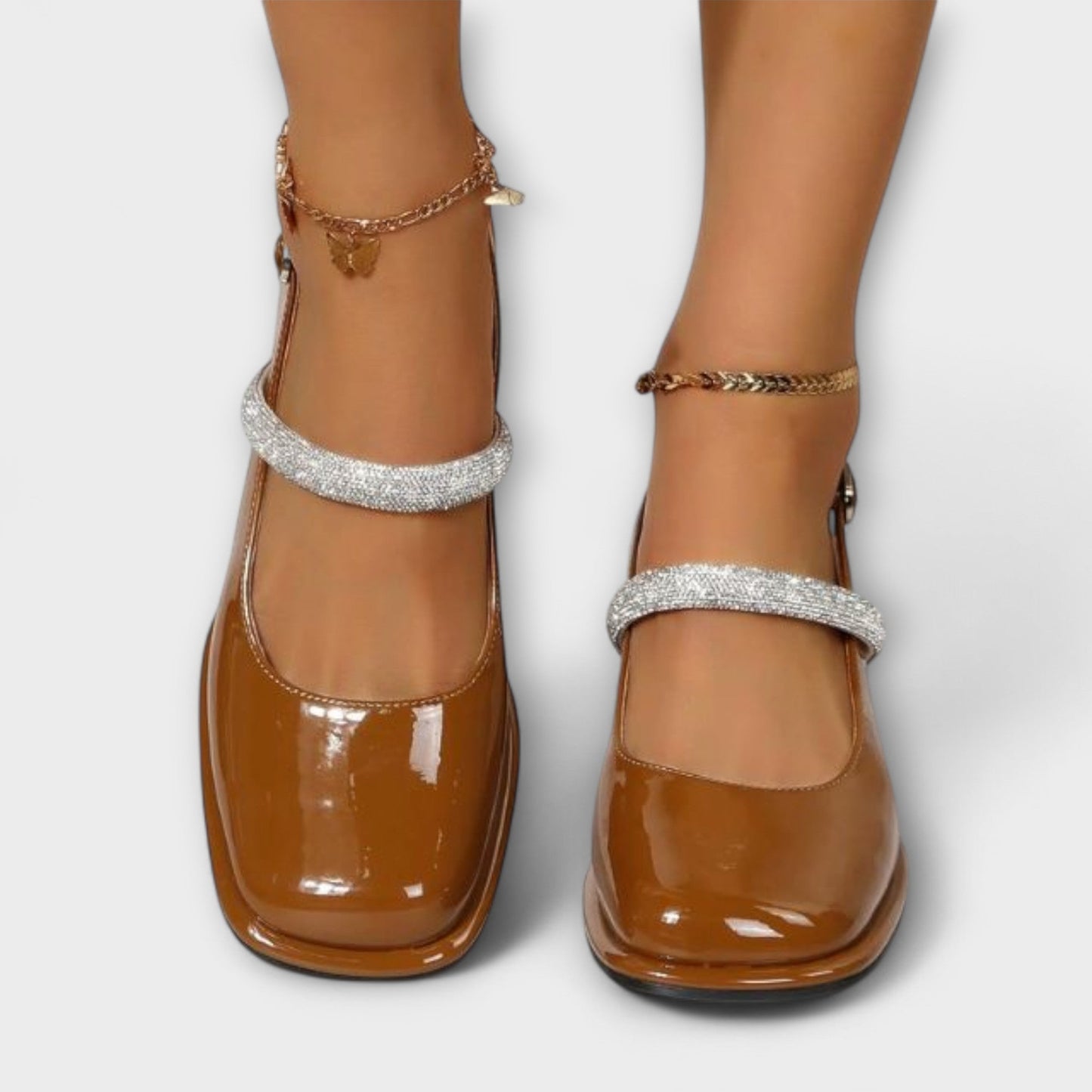 Efter - Mary Janes med Glitzer-Riemen och Blockabsatz 