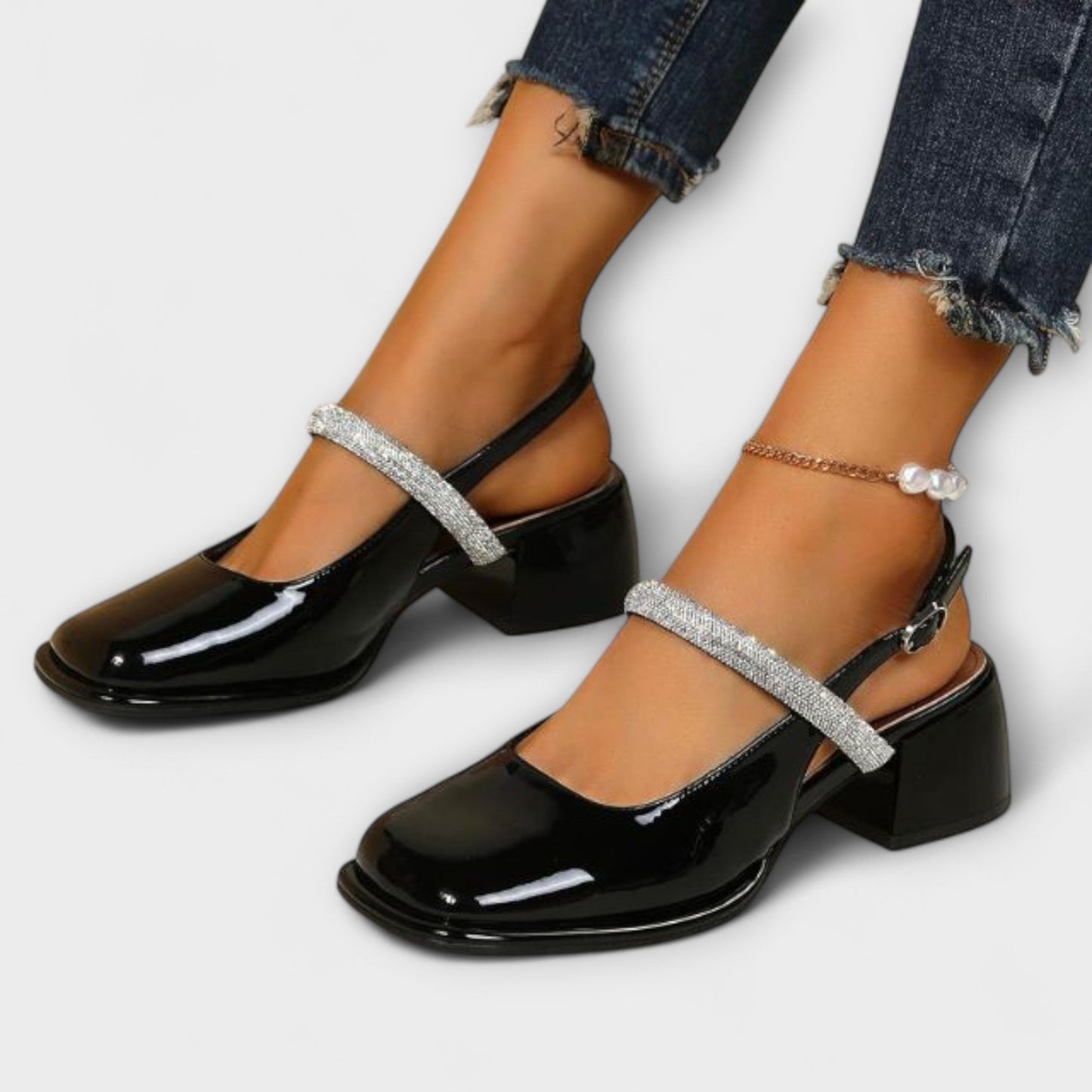 Efter - Mary Janes med Glitzer-Riemen och Blockabsatz 