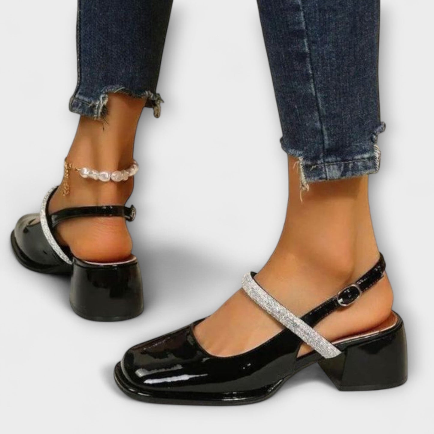Efter - Mary Janes med Glitzer-Riemen och Blockabsatz 