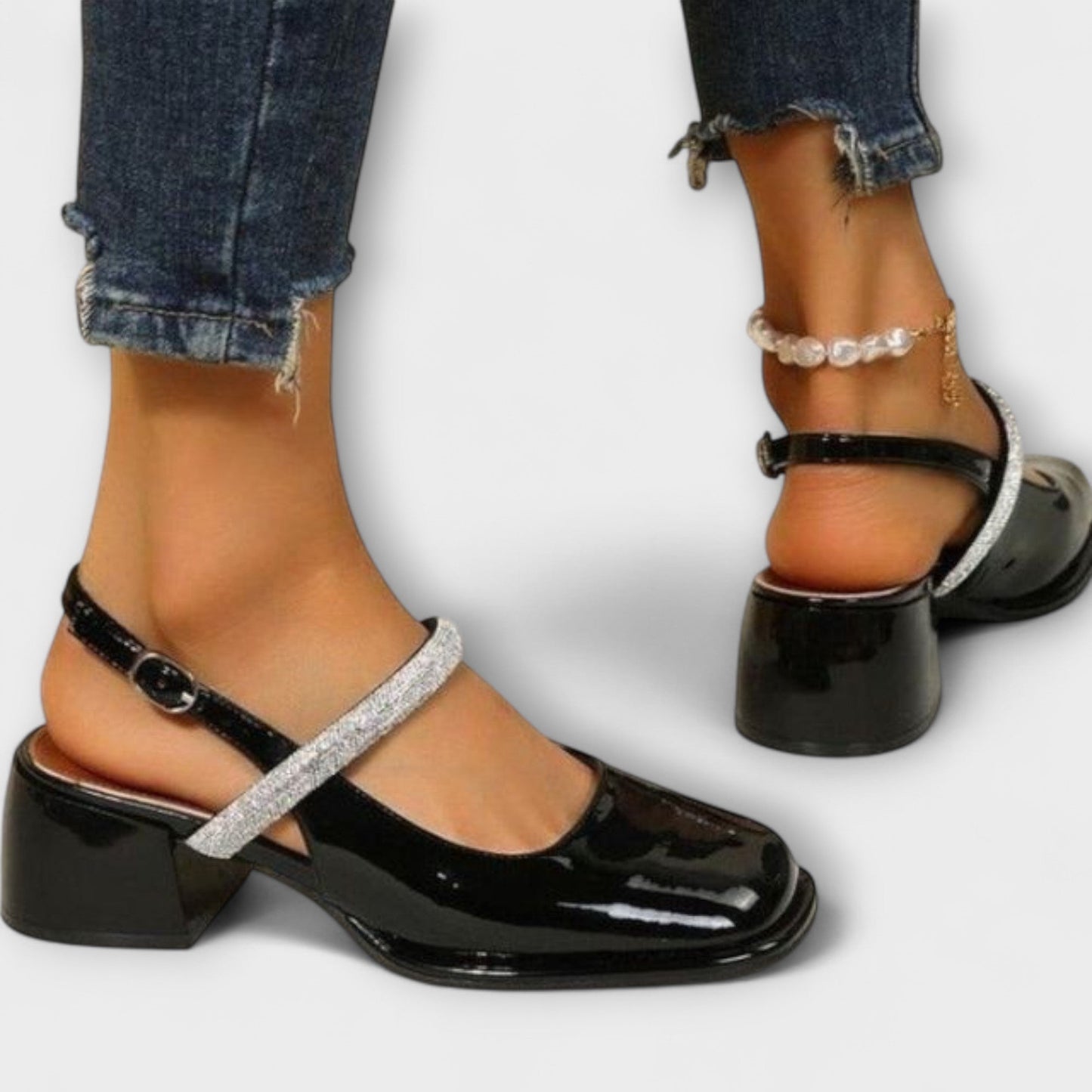 Efter - Mary Janes med Glitzer-Riemen och Blockabsatz 